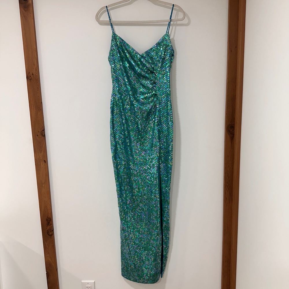 Tiffany Designs Sequin Maxi Gown Womens 6 Teal Green Iridescent | Mermaidcore